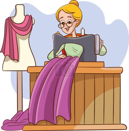 Téléchargez les illustrations : Illustration d'un tissu à coudre femme de couture sur la machine à coudre - en licence libre de droit