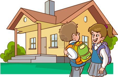 Téléchargez les illustrations : Illustration d'un écolier portant des sacs à dos rentrant chez lui - en licence libre de droit