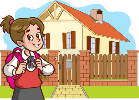 Téléchargez les illustrations : Illustration d'une jolie petite écolière devant un bâtiment scolaire - en licence libre de droit