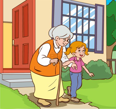 Ilustración de Abuela y nieta delante de la casa. Ilustración vectorial. - Imagen libre de derechos