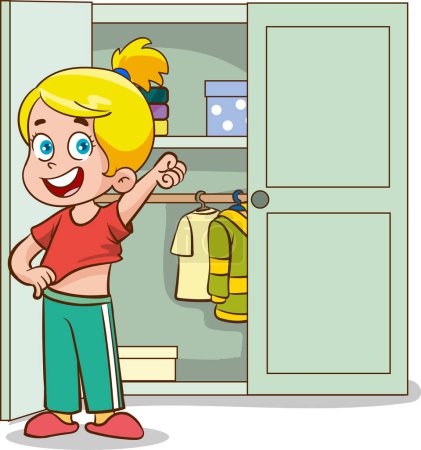 Illustration for Children choosing clothes in the closet. Vector illustration of a cartoon style. - Royalty Free Image