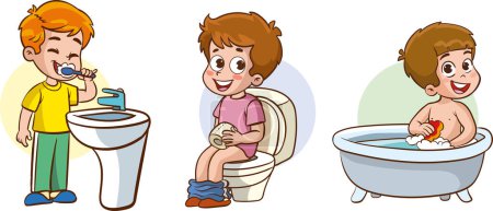 Téléchargez les illustrations : La routine quotidienne des enfants dans la salle de bain.Illustration vectorielle du clipart. - en licence libre de droit