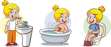 Téléchargez les illustrations : La routine quotidienne des enfants dans la salle de bain.Illustration vectorielle du clipart. - en licence libre de droit