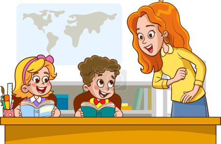 Illustration for Vector illustration of teacher and students having a lesson together - Royalty Free Image