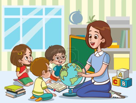 Illustration for Vector illustration of teacher and students having a lesson together - Royalty Free Image
