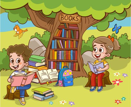 Illustration for Book reader, cute woodland life and back to school classy vector scene.Books day, outdoor library for smart animals and children. - Royalty Free Image