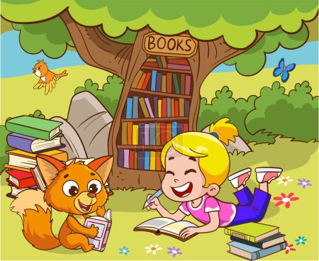 Photo for Book reader, cute woodland life and back to school classy vector scene.Books day, outdoor library for smart animals and children. - Royalty Free Image