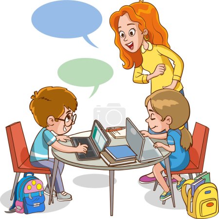 Illustration for Vector illustration of happy cute kids boy and girl working on the computer at the table - Royalty Free Image