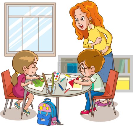 Illustration for Drawing activity in the art class. Boy and Girl Draw Pictures with paints and pencils. - Royalty Free Image