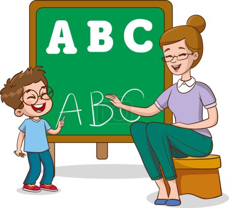 Illustration for School teacher and children studying in classroom vector illustration. Cartoon teacher educating student children, standing at classroom blackboard and teaching children. - Royalty Free Image