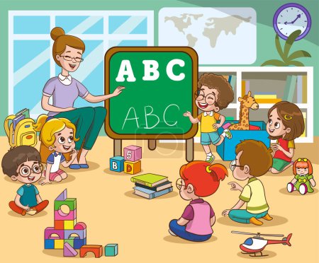 Illustration for School teacher and children studying in classroom vector illustration. Cartoon teacher educating student children, standing at classroom blackboard and teaching children. - Royalty Free Image