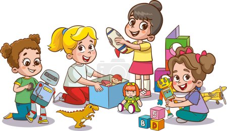 Ilustración de Ilustración vectorial de niños lindos en el jardín de infantes jugando con juguetes - Imagen libre de derechos