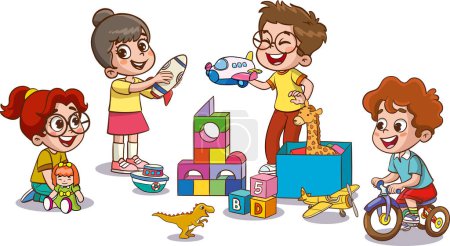 Téléchargez les illustrations : Illustration vectorielle d'enfants mignons à la maternelle jouant avec des jouets - en licence libre de droit