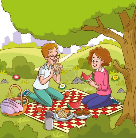 Téléchargez les illustrations : Jeune couple pique-niquer dans le parc. Illustration vectorielle dans le style dessin animé. - en licence libre de droit