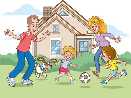 Illustration for Happy family with kids in front of their house. Vector illustration. - Royalty Free Image