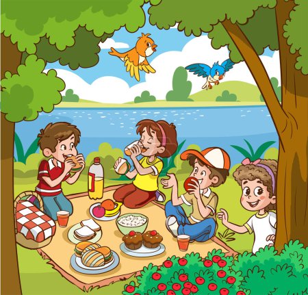 Illustration for Picnic at the lake. Vector illustration of a group of children having a picnic in the park. - Royalty Free Image