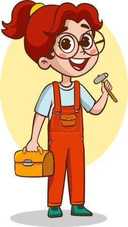 Téléchargez les illustrations : Illustration vectorielle d'un réparateur tenant une boîte à outils et un marteau - en licence libre de droit