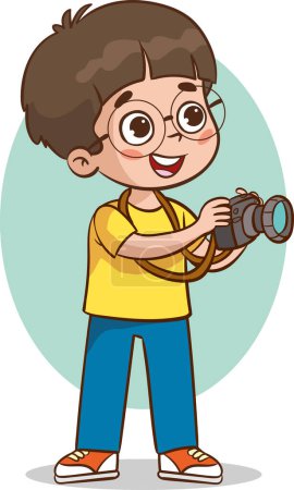 Téléchargez les illustrations : Joli petit garçon avec caméra. Illustration vectorielle d'un petit enfant. - en licence libre de droit