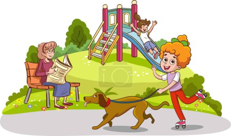 Téléchargez les illustrations : Illustration vectorielle d'enfants promenant un chien dans le parc - en licence libre de droit