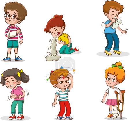 Illustration for Vector illustration of kids sick unhealthy.Child with influenza, runny nose, headache, fever, sore throat, illness. Flat vector illustration people with sick symptoms feeling unwell - Royalty Free Image