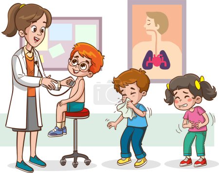 Illustration for Examination of sick kids by doctor pediatrician in hospital. Female medic specialist holding stethoscope and smiling flat vector illustration. Pediatrics, medical checkup in clinic, medicine concept - Royalty Free Image