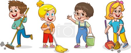 Ilustración de Ilustración vectorial de la limpieza de niños de dibujos animados con fregona y escoba - Imagen libre de derechos