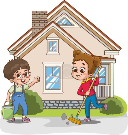 Téléchargez les illustrations : Illustration vectorielle de Garçon et fille nettoyant l'avant de leur maison. - en licence libre de droit