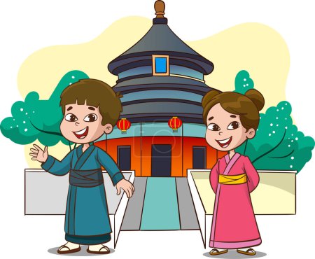 Ilustración de Ilustración vectorial de un niño y una niña vestidos con ropa tradicional japonesa - Imagen libre de derechos