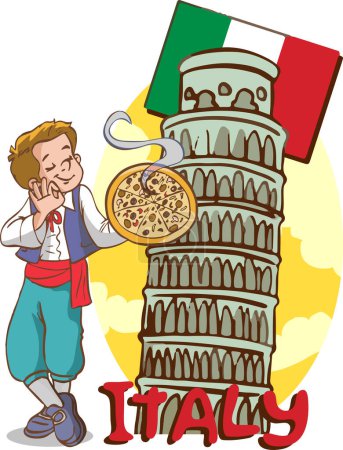 Téléchargez les illustrations : Vectoriel Illustration d'enfants avec Pizza et Drapeau d'Italie sur le fond - en licence libre de droit