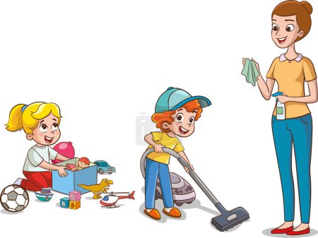 Ilustración de Ilustración vectorial de Cartoon boy y girl limpiando la sala de estar con aspiradora - Imagen libre de derechos