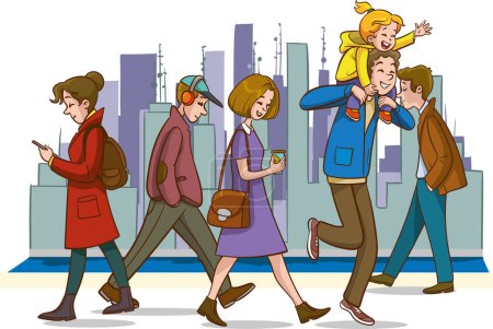 Téléchargez les illustrations : Illustration vectorielle de personnes américaines marchant dans la rue - en licence libre de droit