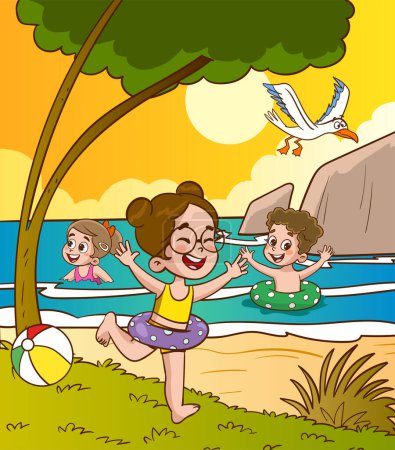 Téléchargez les illustrations : Enfants jouant sur la plage illustration vectorielle de dessin animé. Concept vacances d'été. - en licence libre de droit