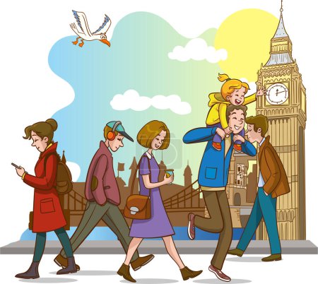 Téléchargez les illustrations : Illustration vectorielle de personnes anglais marchant dans la rue - en licence libre de droit