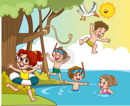 Ilustración de Niños jugando en la playa ilustración vectorial de dibujos animados. Concepto vacaciones de verano. - Imagen libre de derechos