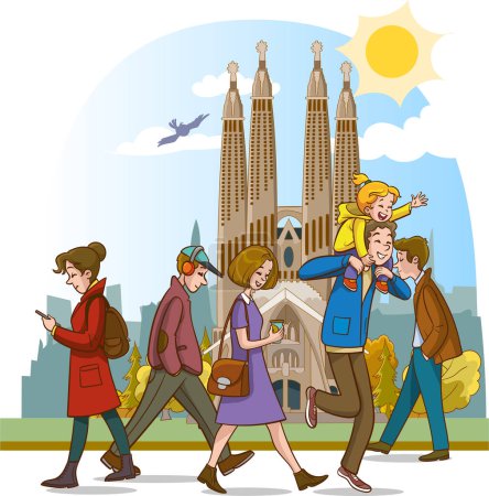 Téléchargez les illustrations : Illustration vectorielle de personnes espagnoles marchant dans la rue - en licence libre de droit