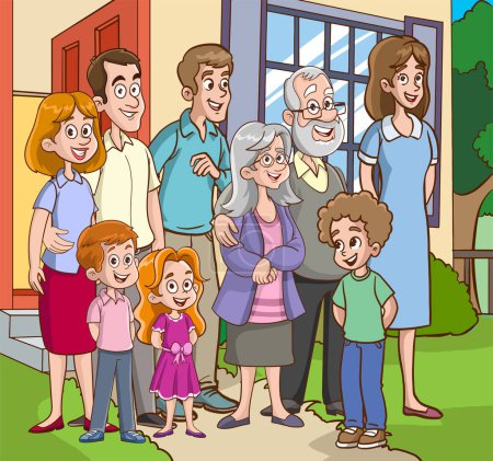 Ilustración de Ilustración vectorial de grandes personajes de la familia feliz se unen, sonriendo y riendo, irradiando amor y unión, con un sentido de pertenencia - Imagen libre de derechos