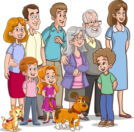 Téléchargez les illustrations : Illustration vectorielle de grands personnages de famille heureux se tiennent ensemble, souriant et riant, rayonnant d'amour et de convivialité, avec un sentiment d'appartenance - en licence libre de droit