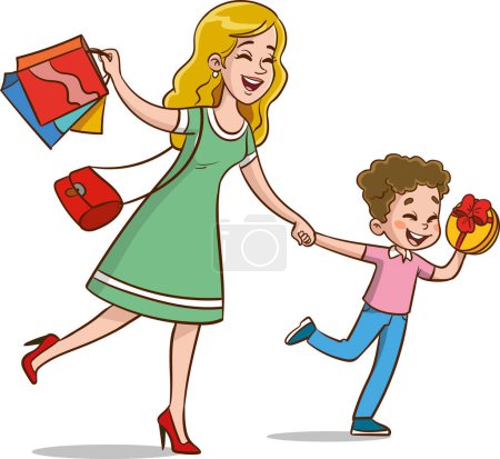 Illustration for Vector illustration of mother and child shopping - Royalty Free Image
