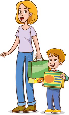 Illustration for Vector illustration of mother and child shopping - Royalty Free Image