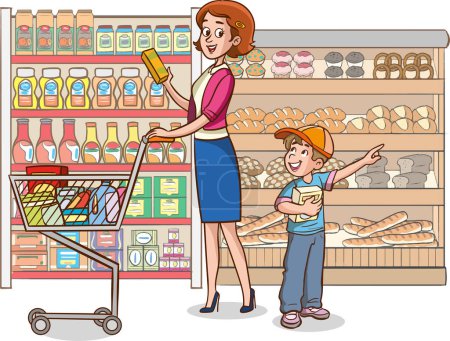Illustration for Mother and son shopping in the supermarket. Vector illustration in cartoon style - Royalty Free Image