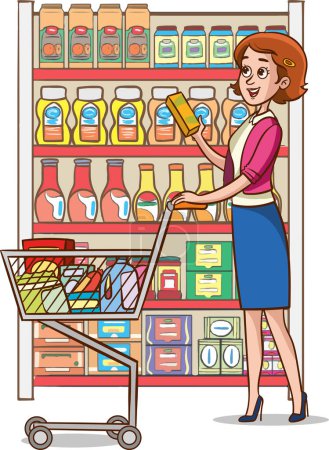 Téléchargez les illustrations : Illustration de bande dessinée d'une jeune femme faisant du shopping dans une épicerie. - en licence libre de droit