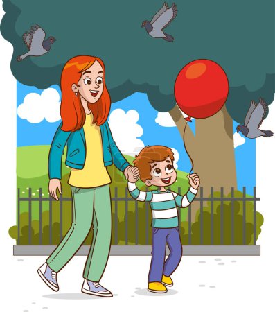 Ilustración de Ilustración vectorial de la madre y el niño viajando.madre e hijo pasar tiempo juntos - Imagen libre de derechos