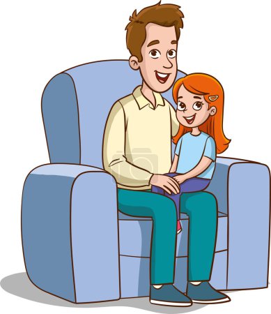 Téléchargez les illustrations : Père et fille assis dans un fauteuil. Illustration vectorielle d'une famille de dessins animés. - en licence libre de droit