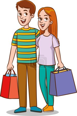 Illustration for Young couple with shopping bags. Vector illustration in a flat style. - Royalty Free Image