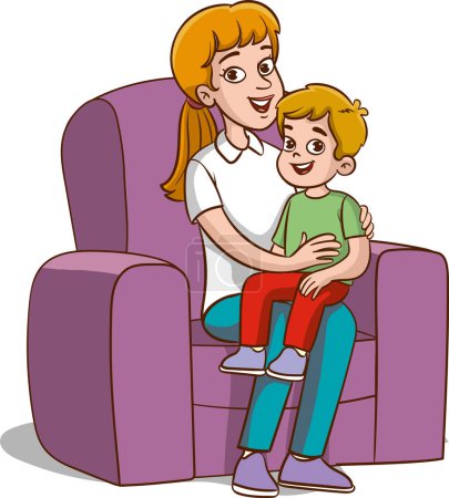 Téléchargez les illustrations : Illustration d'une mère étreignant son fils assis sur un canapé - en licence libre de droit