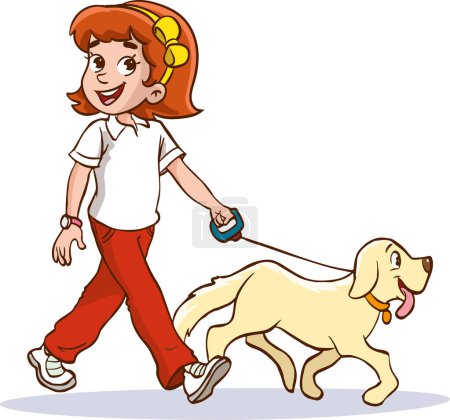 Téléchargez les illustrations : Une fille qui marche avec un chien. Illustration de clip art vectoriel avec des dégradés simples. Le tout en une seule couche. - en licence libre de droit