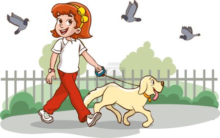 Téléchargez les illustrations : Une fille qui marche avec un chien. Illustration de clip art vectoriel avec des dégradés simples. Le tout en une seule couche. - en licence libre de droit
