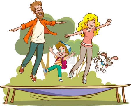 Ilustración de Felices familias.Ilustración vectorial de saltos familiares en el trampolín - Imagen libre de derechos