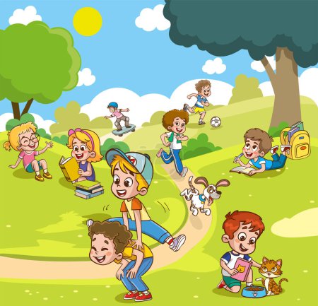 Ilustración de Ilustración vectorial de niños felices jugando en el parque. - Imagen libre de derechos