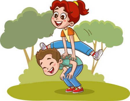 Illustration for Vector illustration of children playing leapfrog.Boy and girl playing together in the park. Vector illustration of a boy and girl playing in the park. - Royalty Free Image